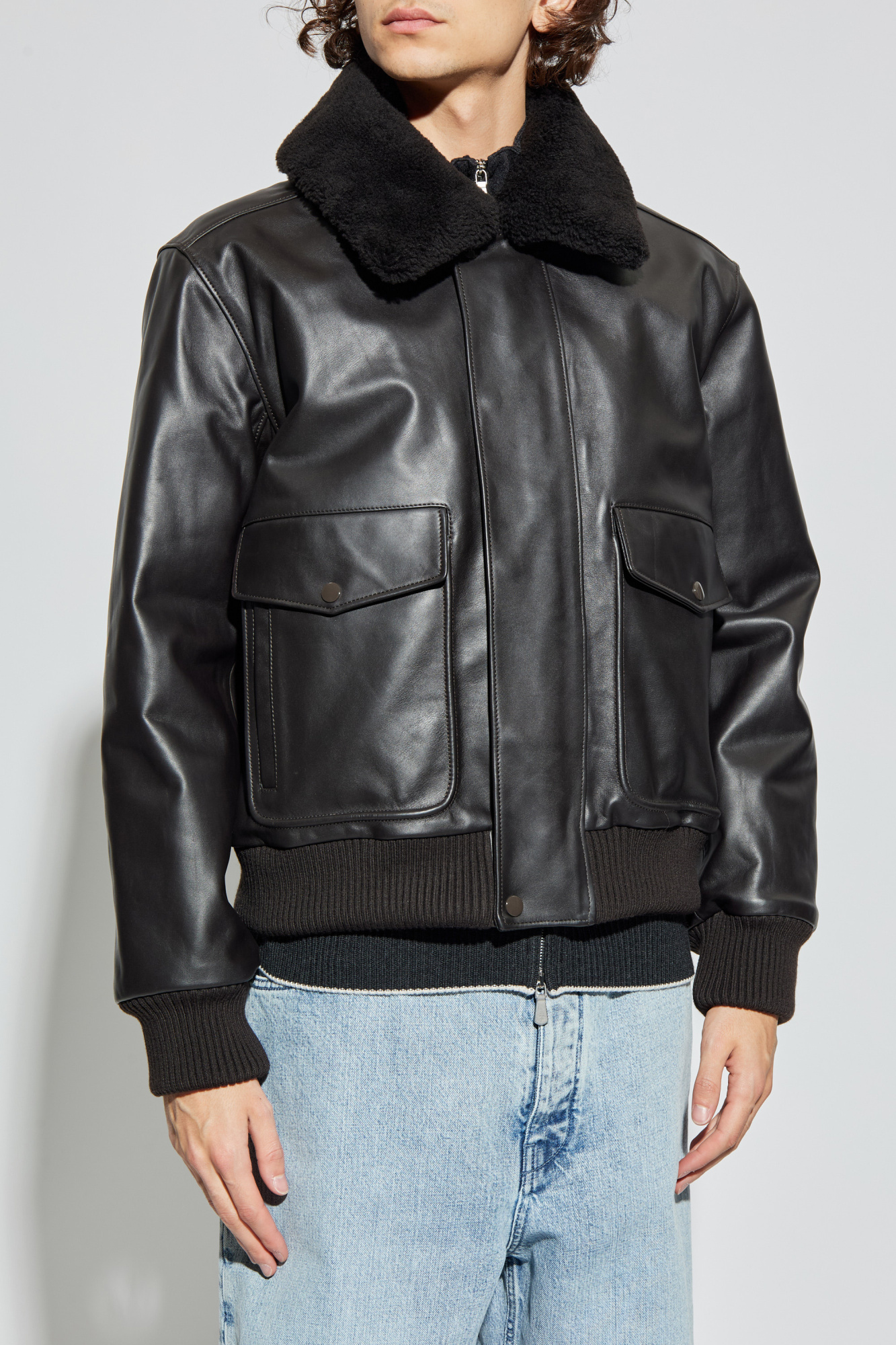 Lemaire Leather jacket with faux fur collar | Men's Clothing | Vitkac
